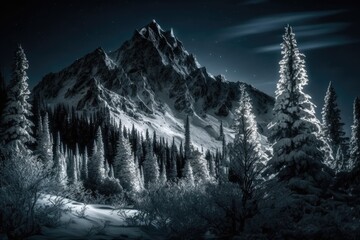 Snowy Mountain Landscape at Night with Pine Trees. Generative AI