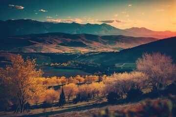colorful sunset over a majestic mountain landscape. Generative AI