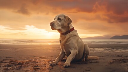 Obraz na płótnie Canvas dog sitting on a beach with sunset in the background. generative ai.