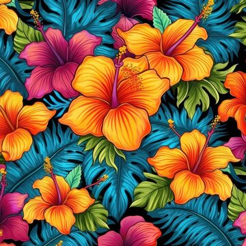 seamless hibiscus floral pattern - generative AI