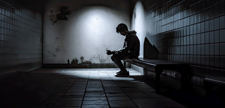 a man sits in a hallway looking at floor, alone, dark photo, generative ai