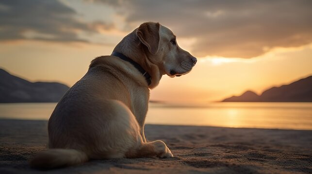 dog sitting on a beach with sunset in the background. generative ai.