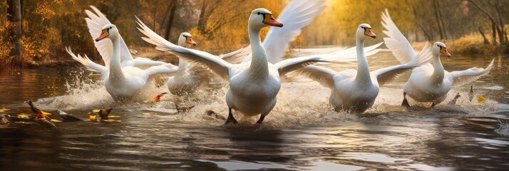small group of swans taking off from a pond - generative AI