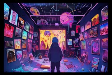 person admiring a gallery of artwork in a room. Generative AI