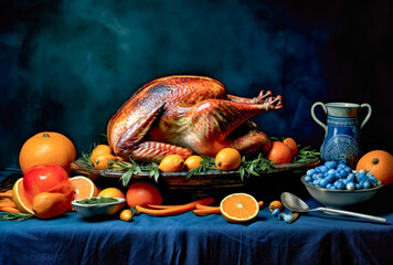 a roasted turkey is topped with orange, on a wooden and blue table, generative ai