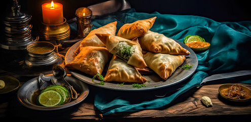 fried pastries with green chives baklava, close up, dark background, generative ai