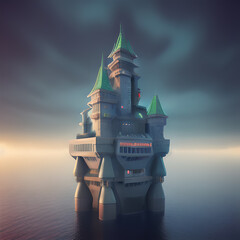 Majestic scenery of a castle floating in the sky with glowing clouds, generative AI