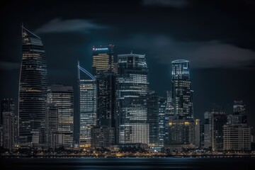 bustling metropolis at night with towering skyscrapers. Generative AI