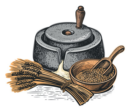 Hand millstones for grain with handle holder, ears of wheat, grains. Cooking and baking flour, food ingredients. Vector