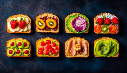 healthy food on toasted bread, top view, generative ai