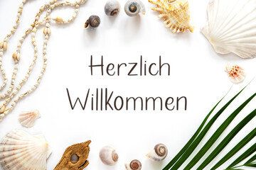 Fototapeta na wymiar Summer Flat Lay White, Shells and Plants, Summer Background, Text Herzlich Willkommen
