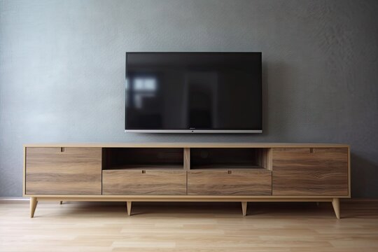 modern living room with a flat screen TV mounted on a wooden entertainment center. Generative AI