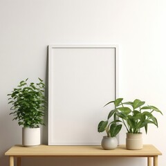 Portrait white picture frame mockup on modern wooden bench. Modern ceramic vases with green plants, White wall background. Scandinavian interior, home office concept. Vertical.