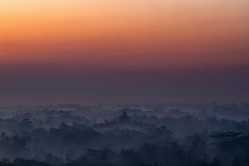 Borobudur Temple complex during sunrise in the middle of misty woods 