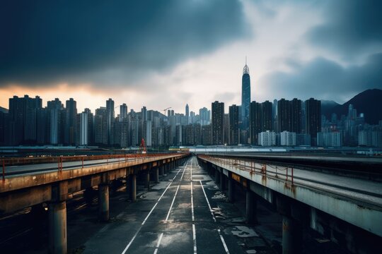 an urban skyline seen from an empty highway. Generative AI