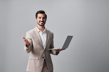 man job background internet copyspace smiling young business laptop suit computer freelancer