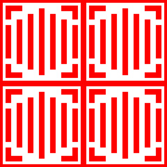 Repeated red figures on white background. Ornamental wallpaper. Seamless surface pattern design with symmetrical lines and brackets ornament. Ethnic motif. Digital paper for textile print.