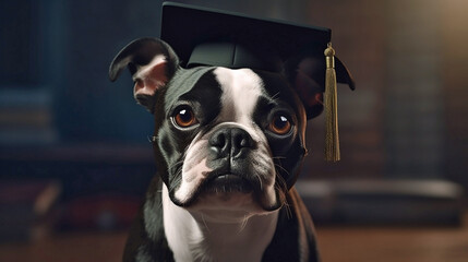 Generative Ai image of a boston terrier wearing a graduation cap - obrazy, fototapety, plakaty