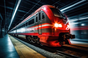 Fototapeta na wymiar Red train. Red train in motion. Fast-moving train.