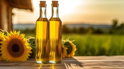 Naklejka premium Sunflower vegetable oil with black seed kernels and flower vegetarian dressing for salads and cooking and frying. Country style. Healthly food. Generative AI 