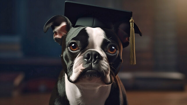 Generative Ai image of a boston terrier wearing a graduation cap