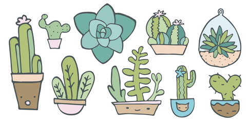 Cute potted Cactus set, isolated on white home plants Stickers, Garden Hobby, interior Decoration design elements