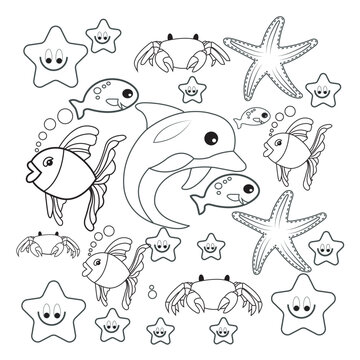 Hand drawn set of Fish and wild marine animals doodle. Sea life. Turtle, dolphin, crab, starfish, corals and seaweed in sketch style. Vector illustration