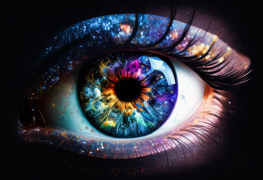 cosmic eye close-up, human eye with eyelashes, big bang reflection in the pupil