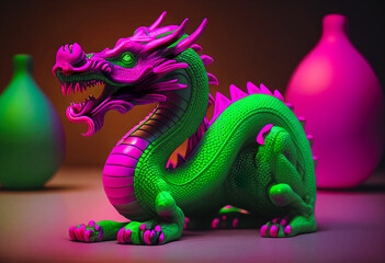 Full length plastic toy dragon, rubber toy in neon colors - ultra pink and green, AI-generated