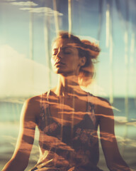 Generative AI illustrative image of a 3d-rendered young woman who is meditating on a beach. In this tranquil setting, she enters a state of inner calm. Creative use of multiple exposures. 