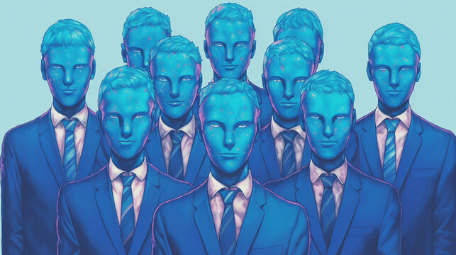 An AI-generated symbolic illustration of a corporate world. The individuals are trapped in a monotonous routine devoid of passion and creativity. A reminder to reclaim our individuality. 