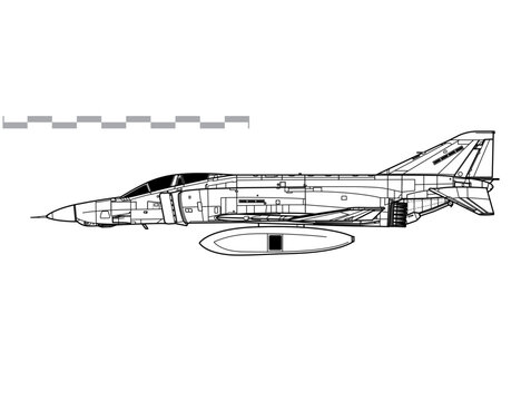 McDonnell Douglas RF-4C Phantom II with LOROP pod. Vector drawing of tactical reconnaissance aircraft. Side view. Image for illustration and infographics.