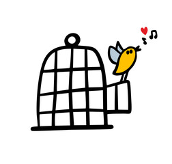 The little bird nightingale flew out of the cage and rejoices in freedom. Vector illustration of a singing animal, musical notes and a love heart.