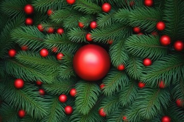 Obraz na płótnie Canvas festive Christmas tree with a vibrant red ornament hanging from a branch. Generative AI
