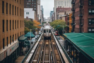train passing through a bustling urban landscape. Generative AI