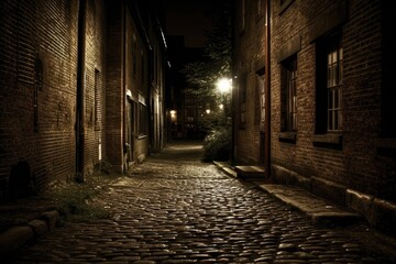 Fototapeta na wymiar cobblestone street at night with a warm glow from a street lamp. Generative AI