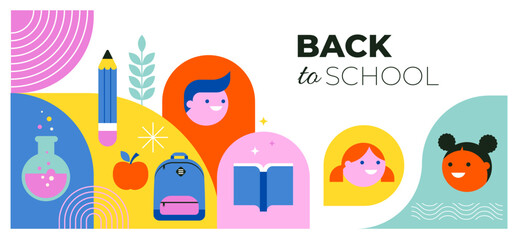 Vibrant Color Back To School background concept design. Geometrical flat style illustration, banner and poster. Kids, school supplies, backpack and yellow bus illustration