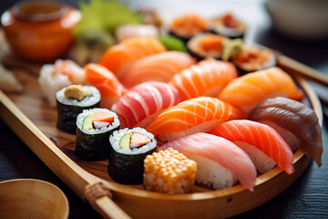 japanese fish rice roll food meal japan set sushi seafood. Generative AI.