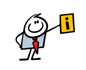 Vector illustration of a businessman holding a sign with the letter i. Man in a business suit draws attention to important information.