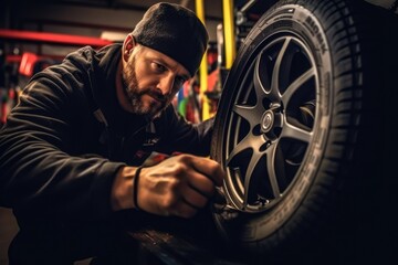 Fototapeta na wymiar male car mechanic who is working On car tires posing at the tire shop she works. Generative AI