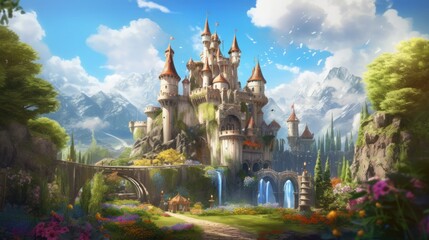 Grand and enchanting game art castle straight out of a fairy tale, complete with towering turrets, a drawbridge, and a sprawling garden