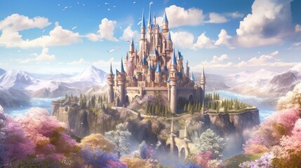 Fototapeta na wymiar Grand and enchanting game art castle straight out of a fairy tale, complete with towering turrets, a drawbridge, and a sprawling garden