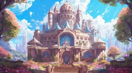 Obraz na płótnie Canvas Grand and enchanting game art castle straight out of a fairy tale, complete with towering turrets, a drawbridge, and a sprawling garden