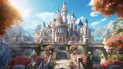 Obraz premium Grand and enchanting game art castle straight out of a fairy tale, complete with towering turrets, a drawbridge, and a sprawling garden