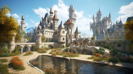Grand and enchanting game art castle straight out of a fairy tale, complete with towering turrets, a drawbridge, and a sprawling garden