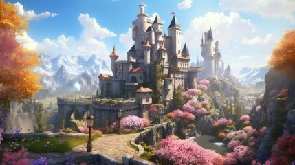Grand and enchanting game art castle straight out of a fairy tale, complete with towering turrets, a drawbridge, and a sprawling garden