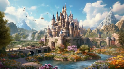 Grand and enchanting game art castle straight out of a fairy tale, complete with towering turrets, a drawbridge, and a sprawling garden