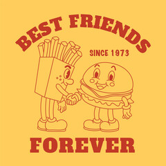 Best friends forever, Retro groovy characters, cute cartoon hamburger and french fries. Vector Illustration