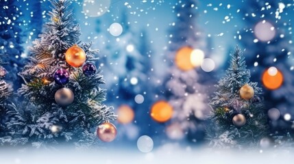 Fototapeta na wymiar Christmas Winter Blurred Background: Xmas Tree with Snow Decorations (Generative AI)