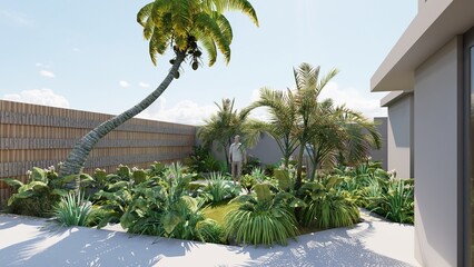 Landscaped garden with many plants and flowers, with terraces